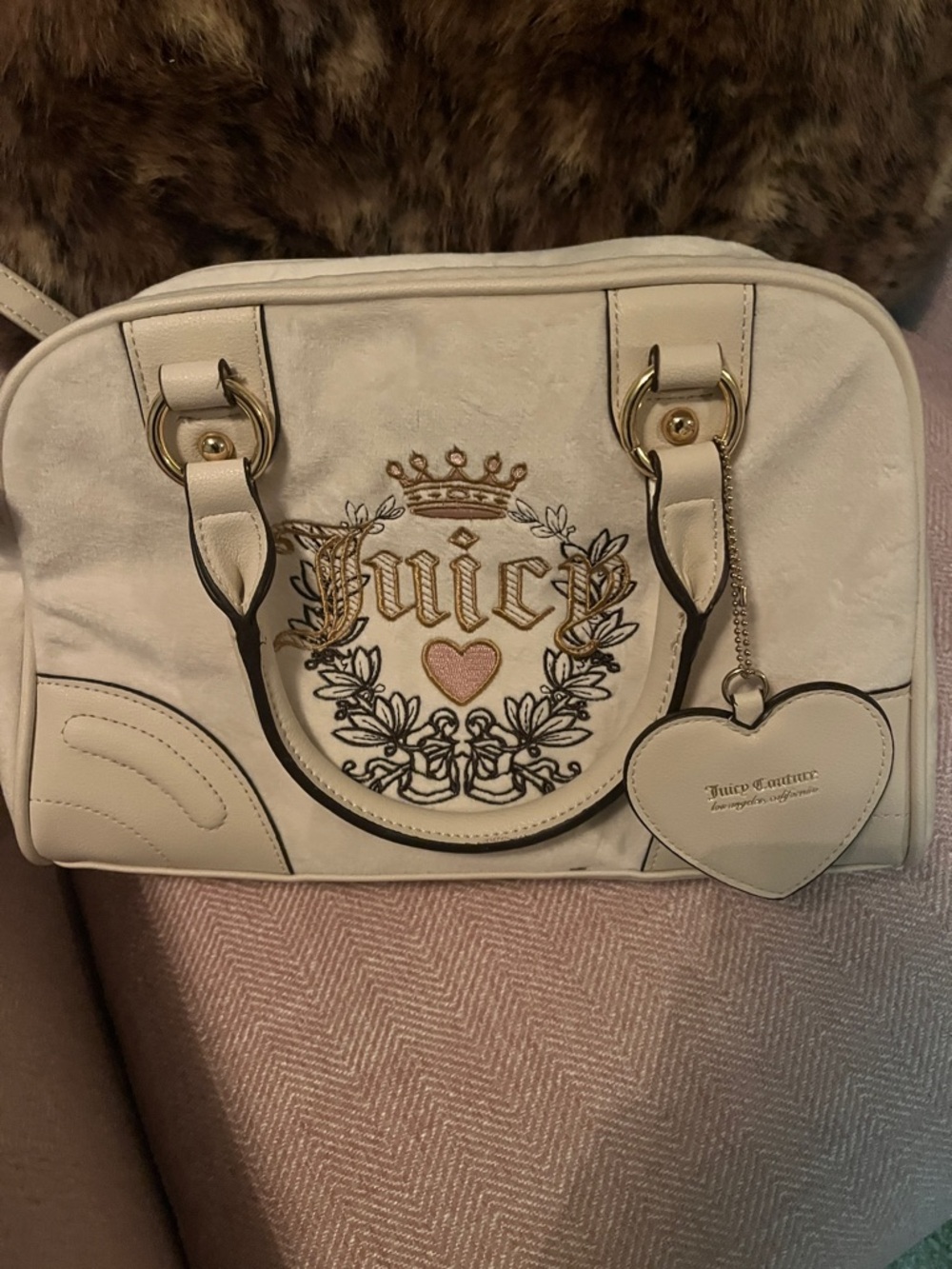 Juicy Couture Cream and Gold Embroidered Heart Satchel